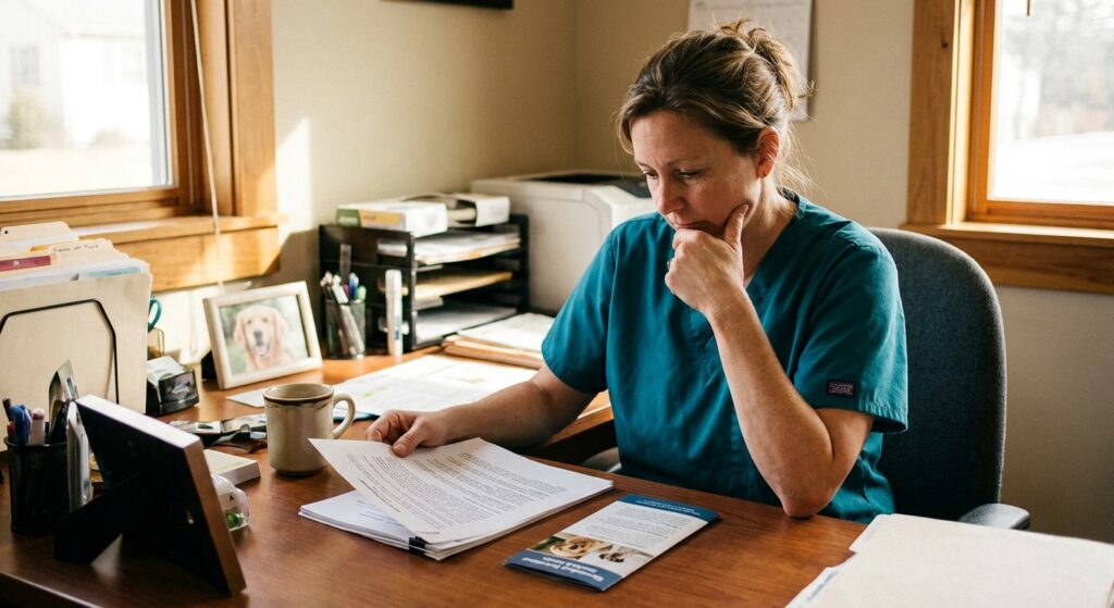 A woman veterinarian in her mid-forties wearing teal scrubs, seated at her office desk reading a stapled multi-page offer document. Beside the offer sits