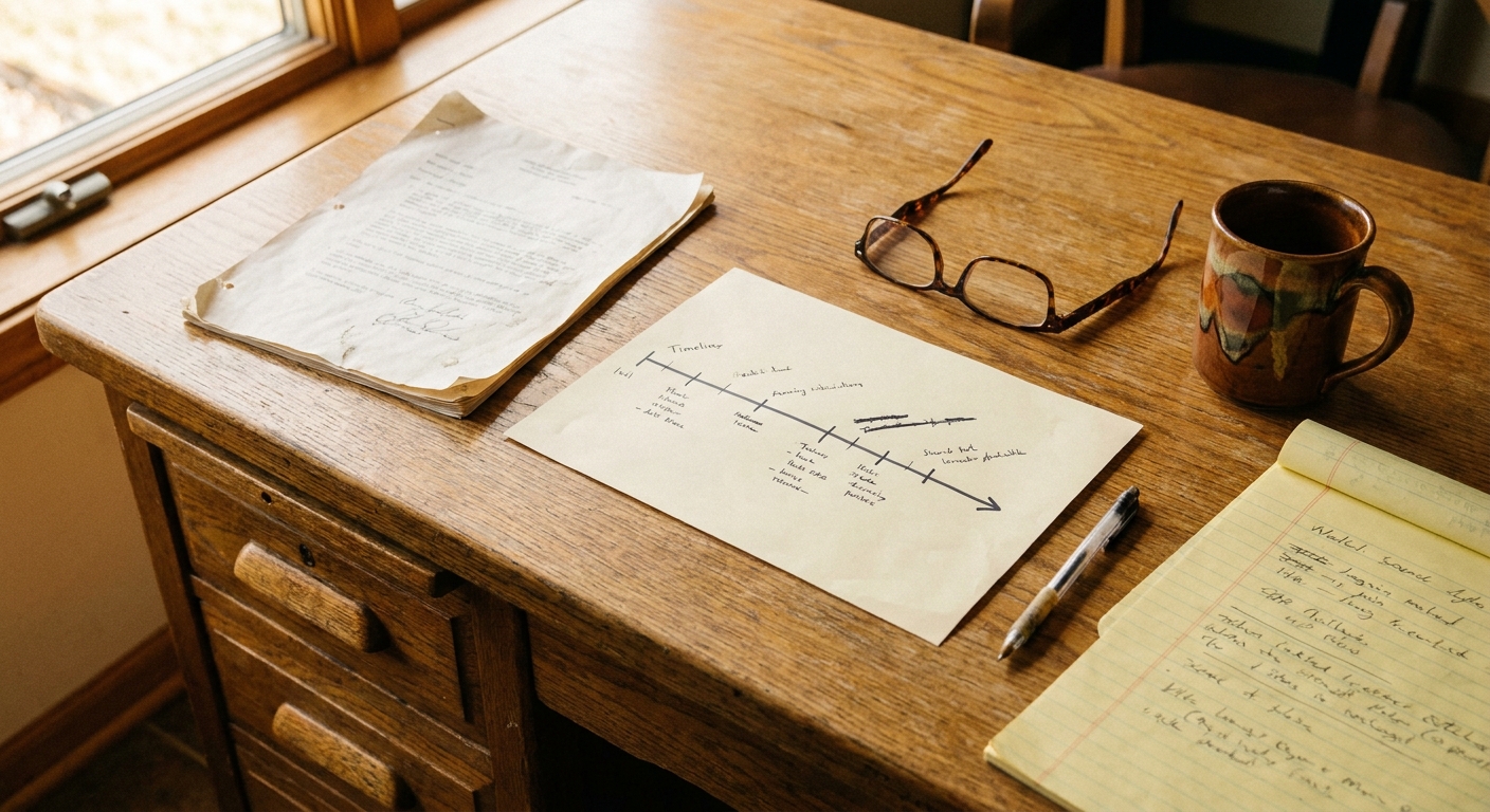 OVERHEAD top-down view of a wooden desk: a stapled offer document beside a hand-drawn multi-year horizontal timeline on a sheet of paper with several