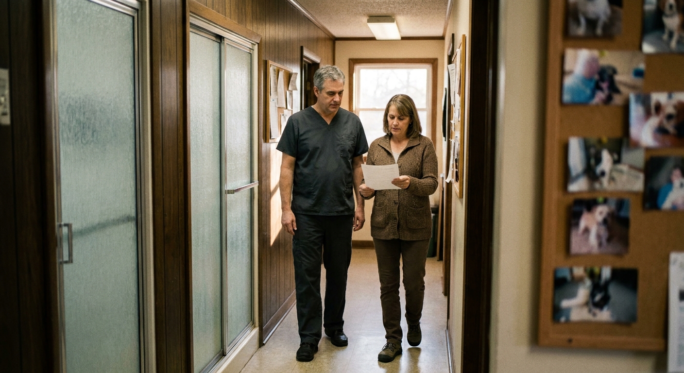 A man veterinarian in charcoal scrubs (early fifties) walking slowly down his practice corridor beside a calm operations manager (a woman in her fifties