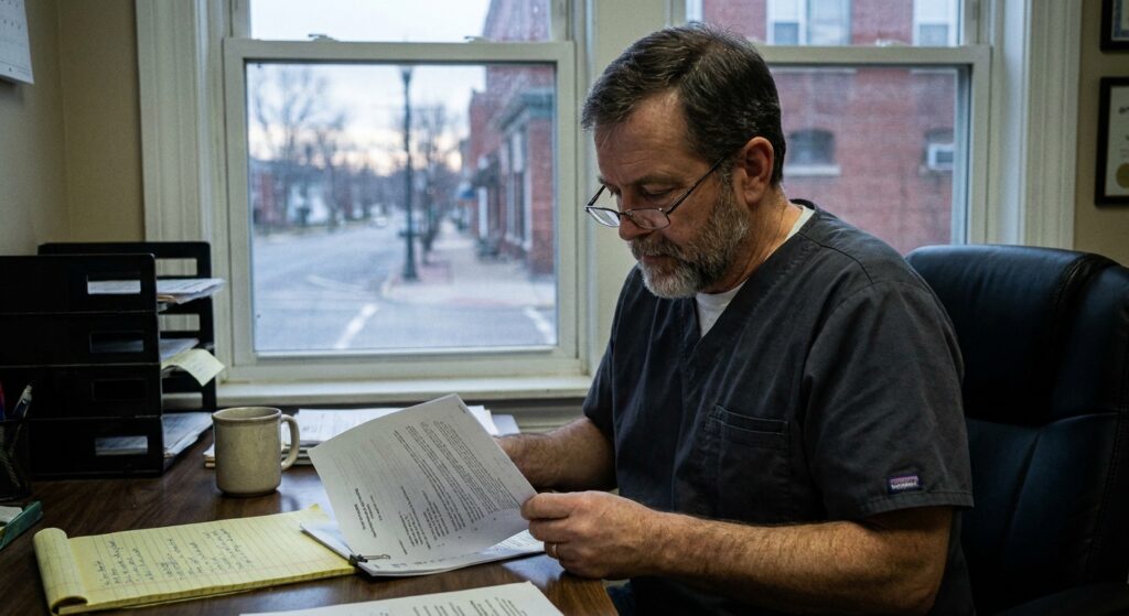 A man veterinarian in his early fifties wearing charcoal scrubs, seated at his office desk reading a stapled offer document. Through the window behind him