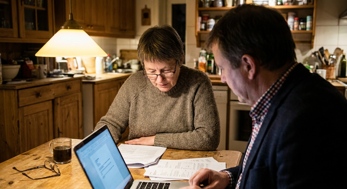 Veterinarian and sell-side advisor reviewing financial documents and a laptop together at a kitchen table in the evening, looking down at the papers