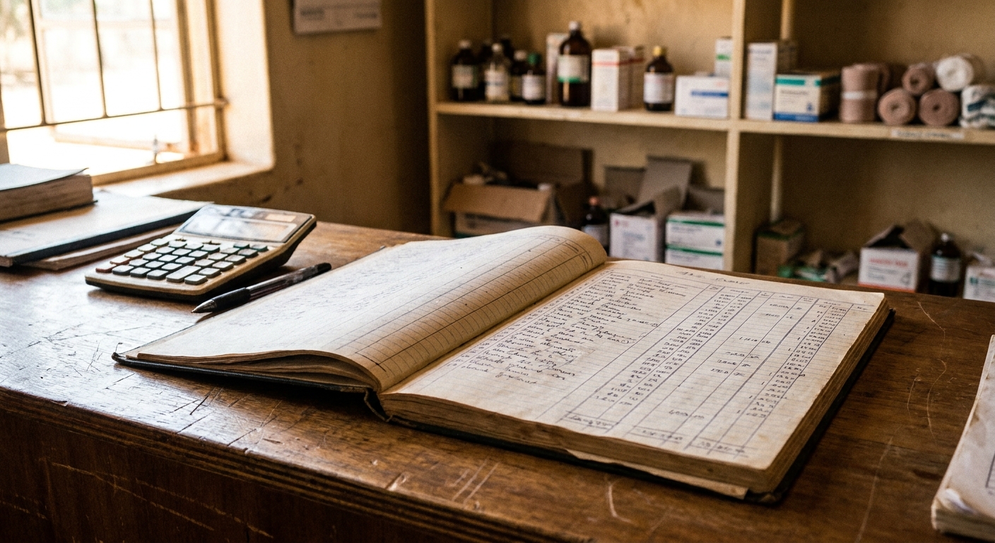 Close-up of a veterinary practice ledger, inventory shelves, and a calculator on a clinic counter, captured candidly in natural light
