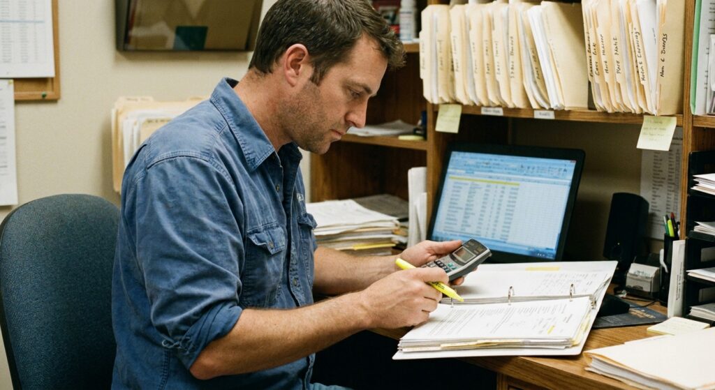 Buyer-side financial analyst examining a veterinary practice's records and financial statements during due diligence