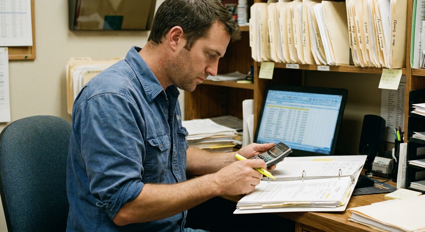 Buyer-side financial analyst examining a veterinary practice's records and financial statements during due diligence