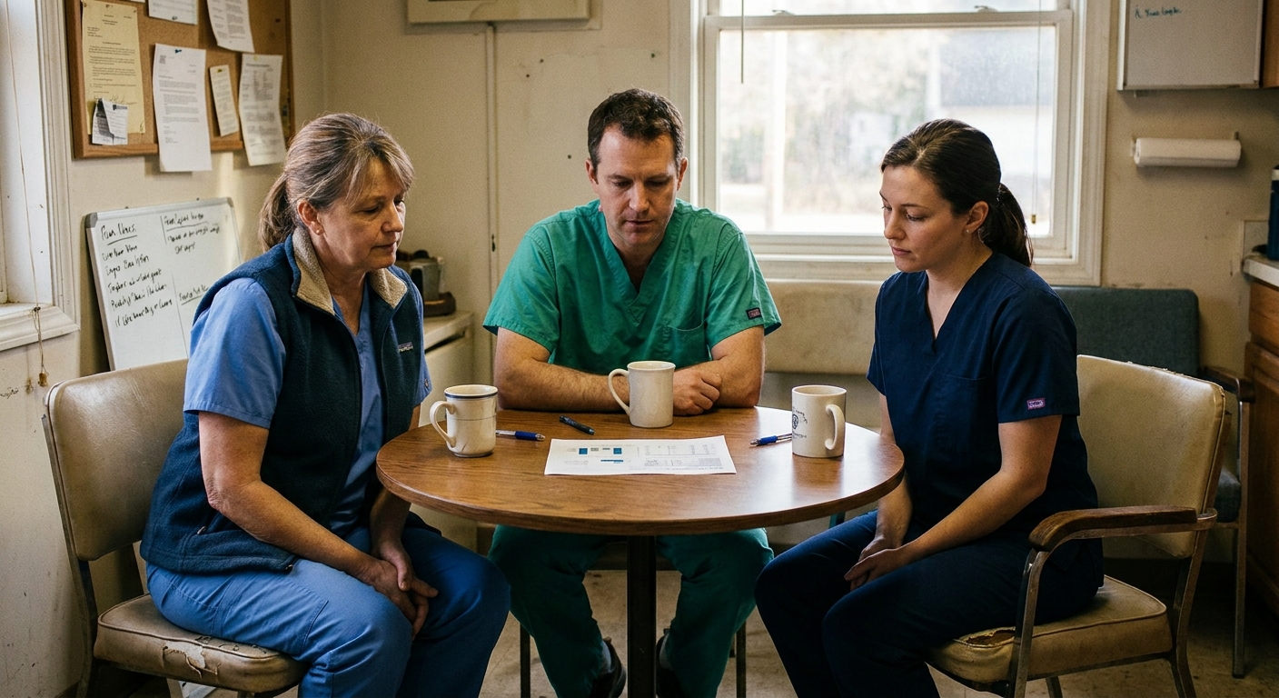 Three specialty veterinarians (the practice owner, a lead surgeon, and a lead internist) seated at a small conference table in a specialty referral hospital's break room, looking down at a printed sheet showing deal-term comparisons