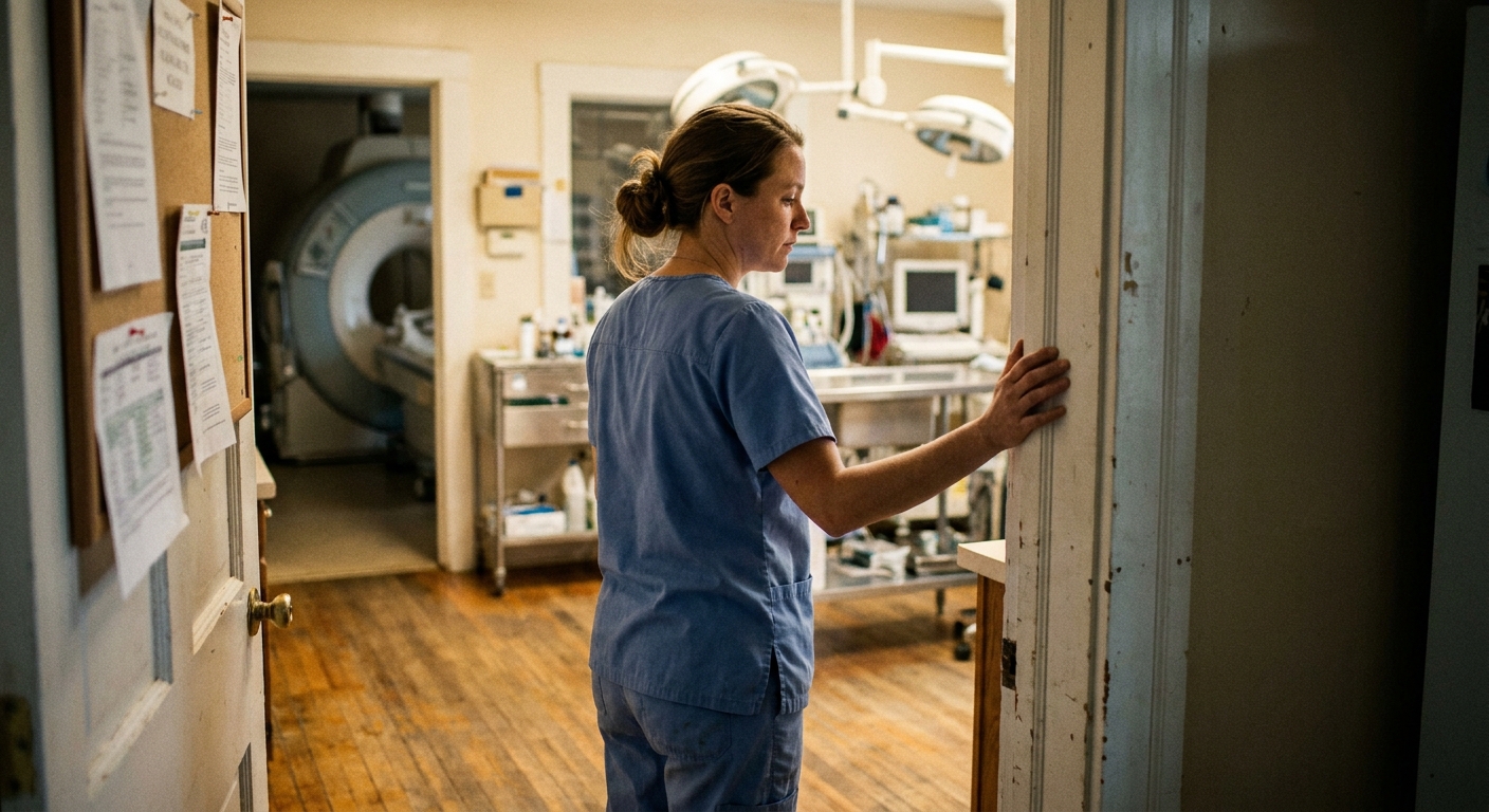 Specialty veterinarian in scrubs standing at the open doorway of her specialty and emergency hospital treatment room, holding the doorframe and looking into the room at the specialty equipment she assembled over years