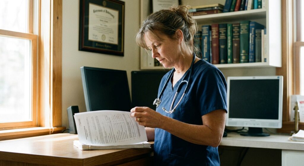Specialty veterinarian in dark scrubs with a stethoscope around her neck, standing in the small admin office of her specialty and emergency referral hospital, holding a thick stapled multi-page acquisition offer document