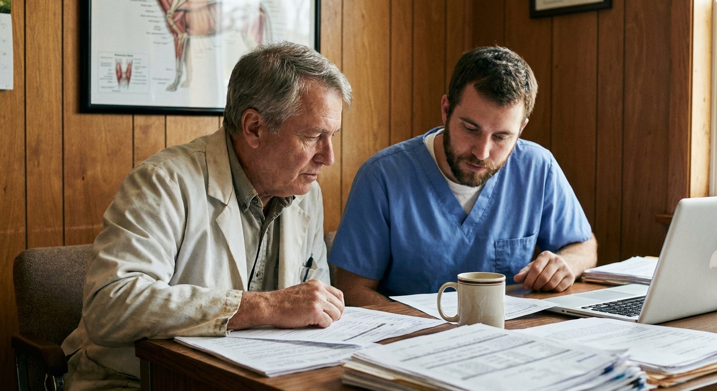 Senior veterinarian and a younger associate veterinarian reviewing practice financials together at a clinic desk during an associate buy-in