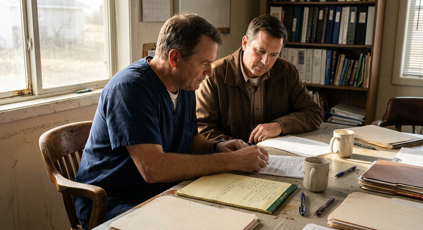 Veterinarian in his forties reviewing practice exit-strategy options with a sell-side advisor at a table
