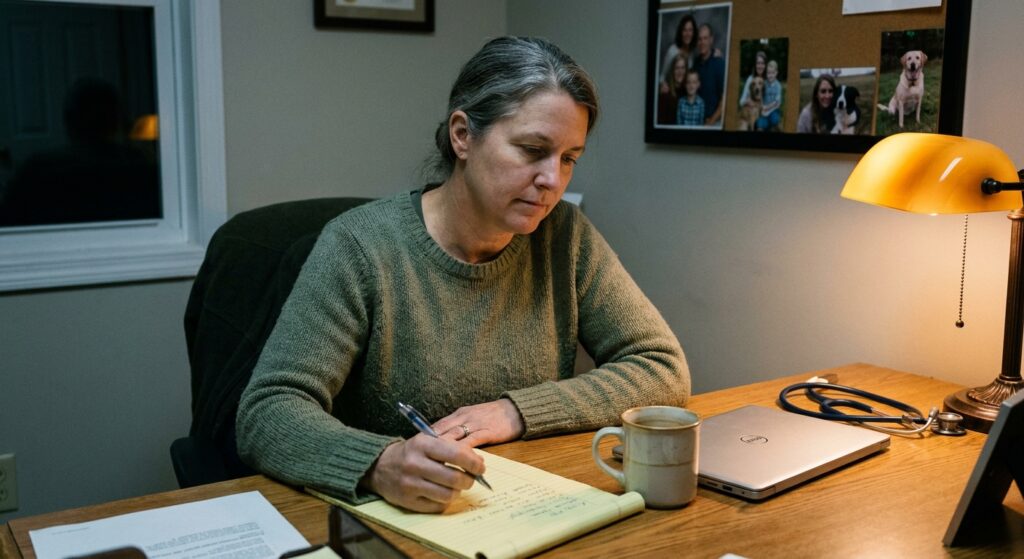 Veterinarian in her fifties at her desk in the evening mapping out her practice exit options on a legal pad