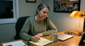 Veterinarian in her fifties at her desk in the evening mapping out her practice exit options on a legal pad