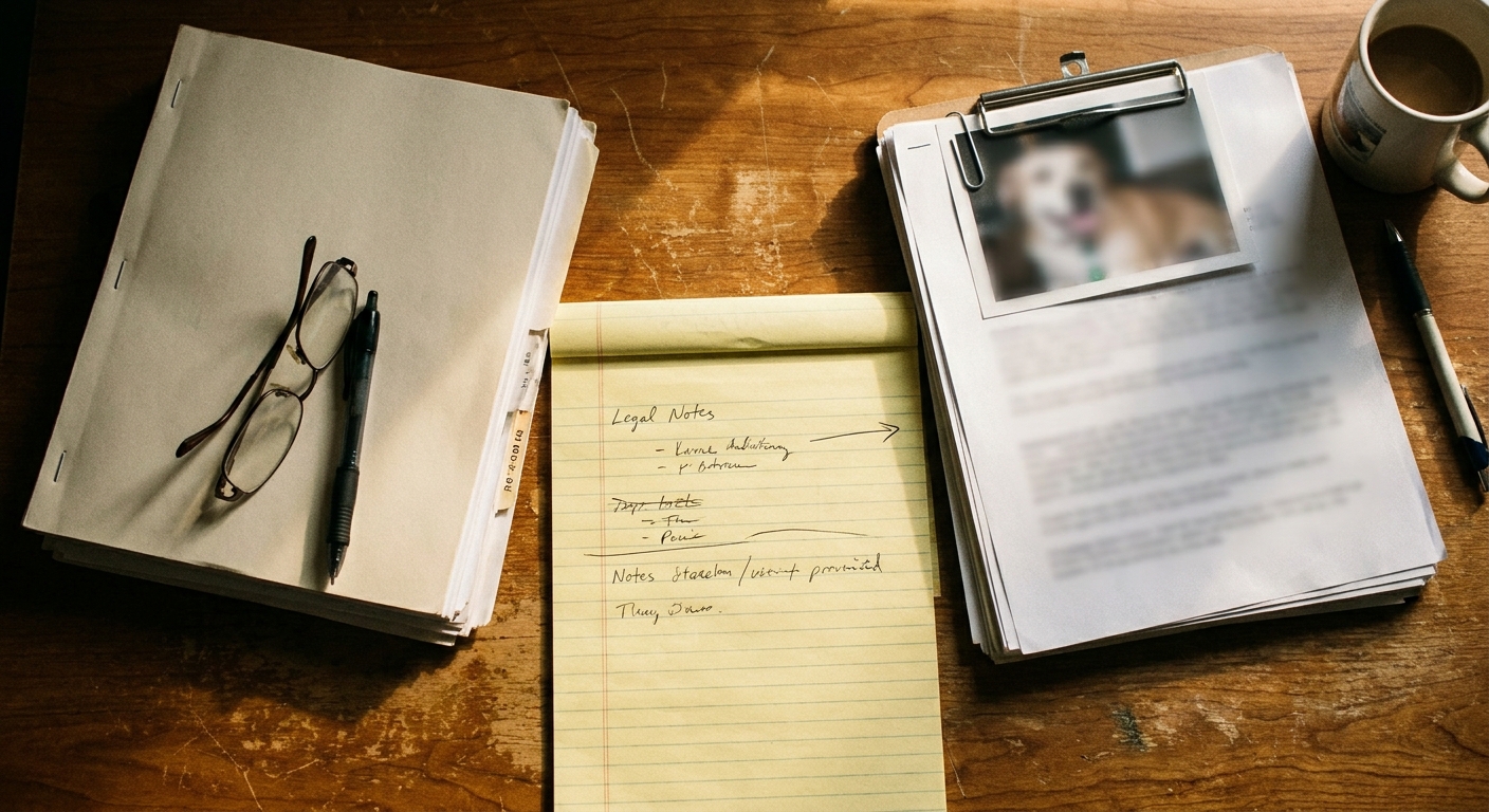 OVERHEAD top-down view of a wooden desk with TWO clearly separate document stacks: on the left a stapled practice-acquisition offer, on the right a