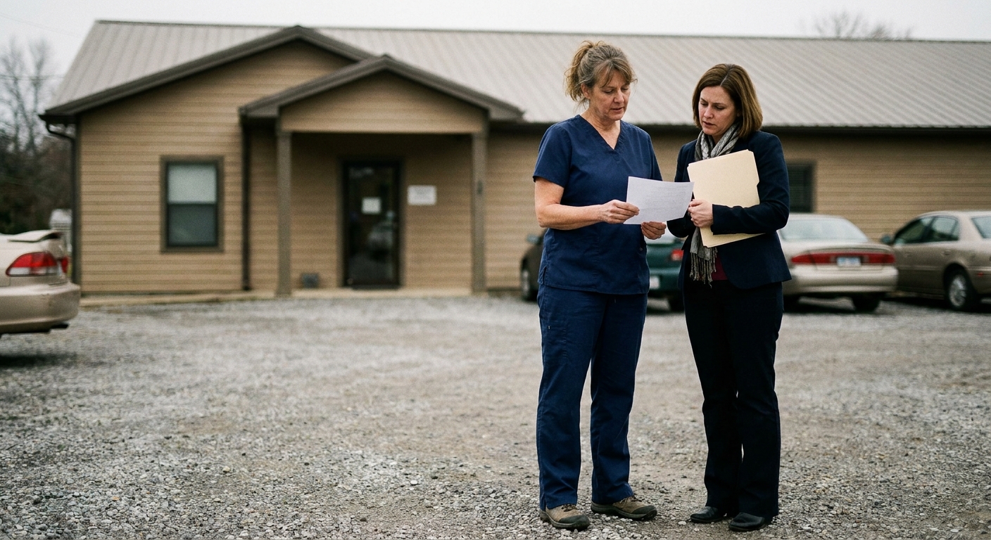 A woman veterinarian in navy scrubs (mid-fifties) and a commercial real-estate advisor (a woman in her late forties in a blazer holding a folder) standing