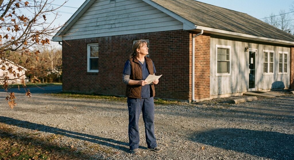 A woman veterinarian in her mid-fifties wearing navy scrubs and a quilted vest, standing in the gravel parking area in front of her independent veterinary