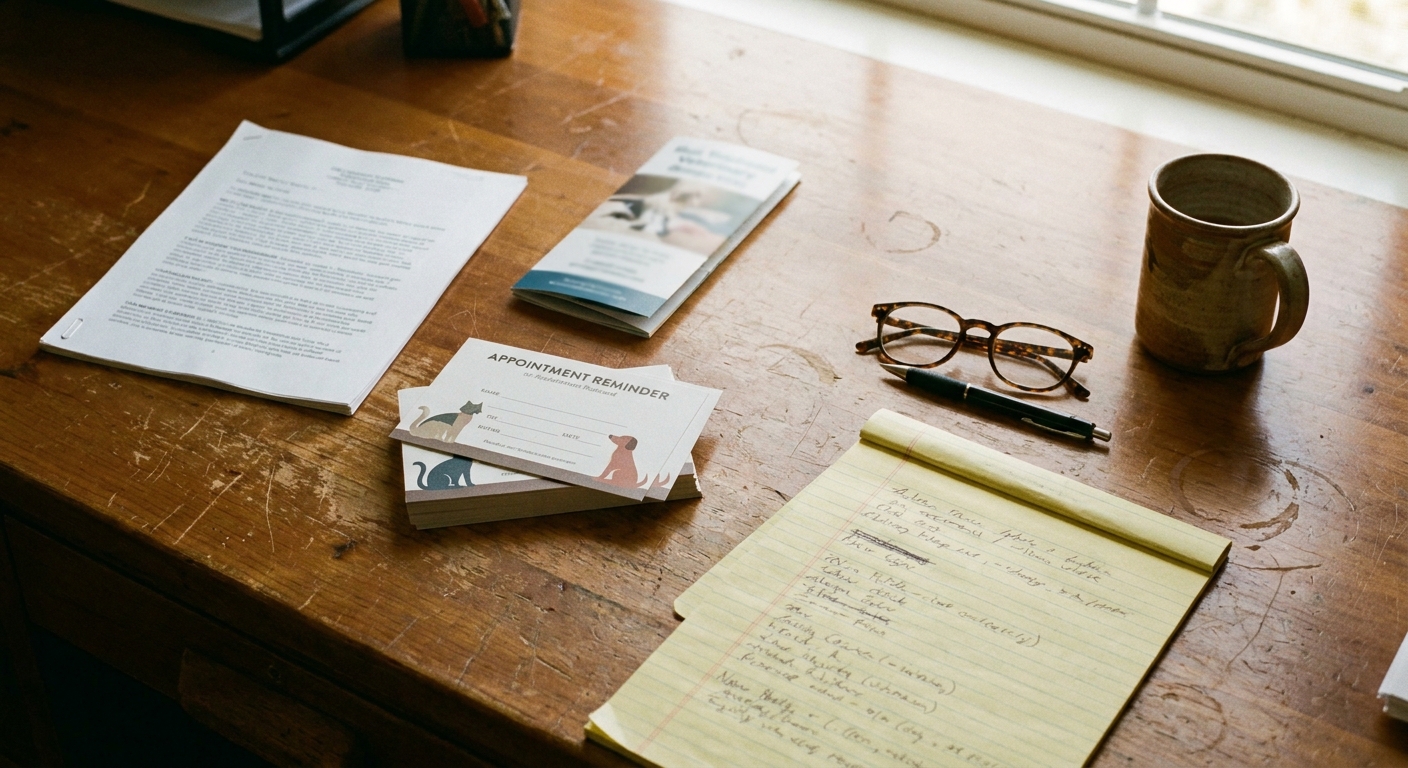 OVERHEAD top-down view of a wooden desk: a stapled offer document beside the practice's OWN local marketing materials — a stack of appointment-reminder