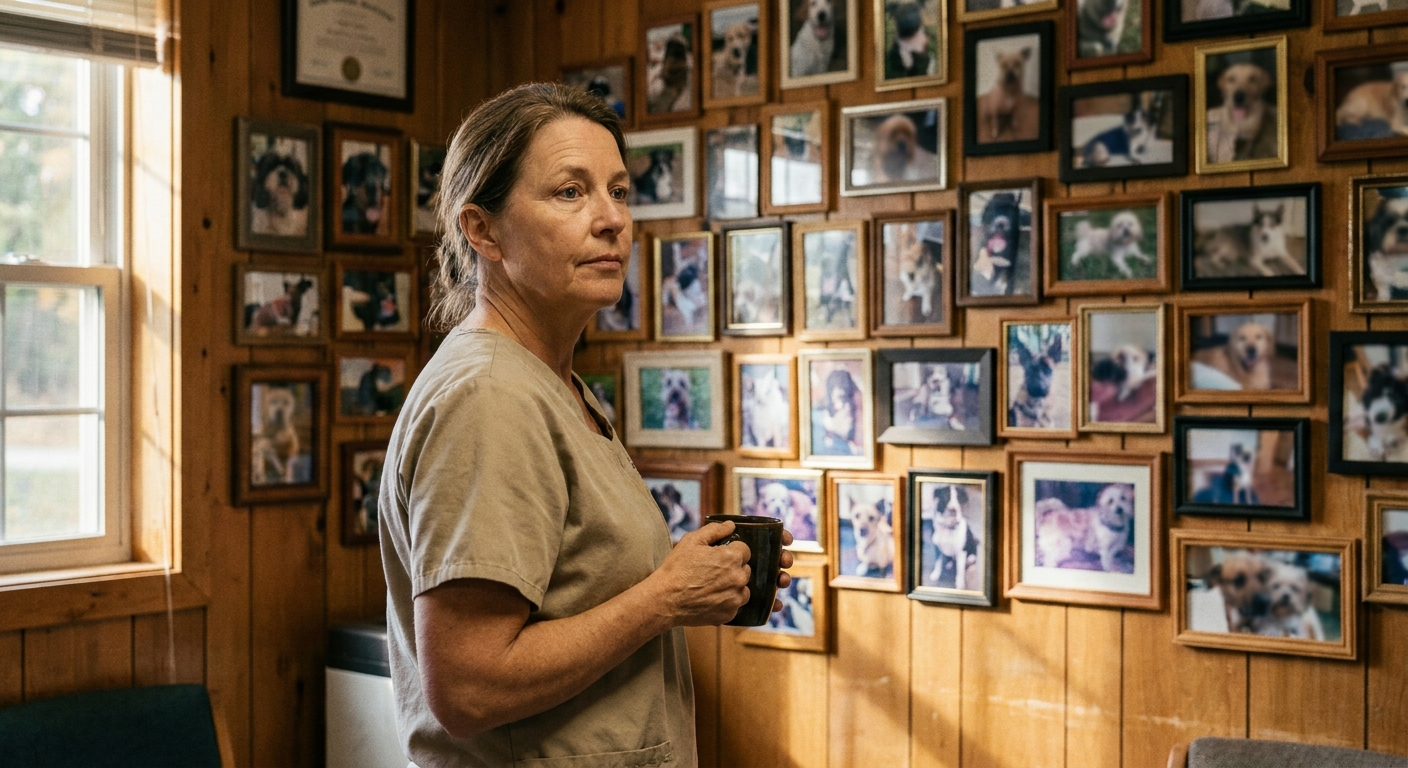 A woman veterinarian in sand-colored scrubs (early fifties) standing in her practice's reception area beside a large community wall of framed client-pet