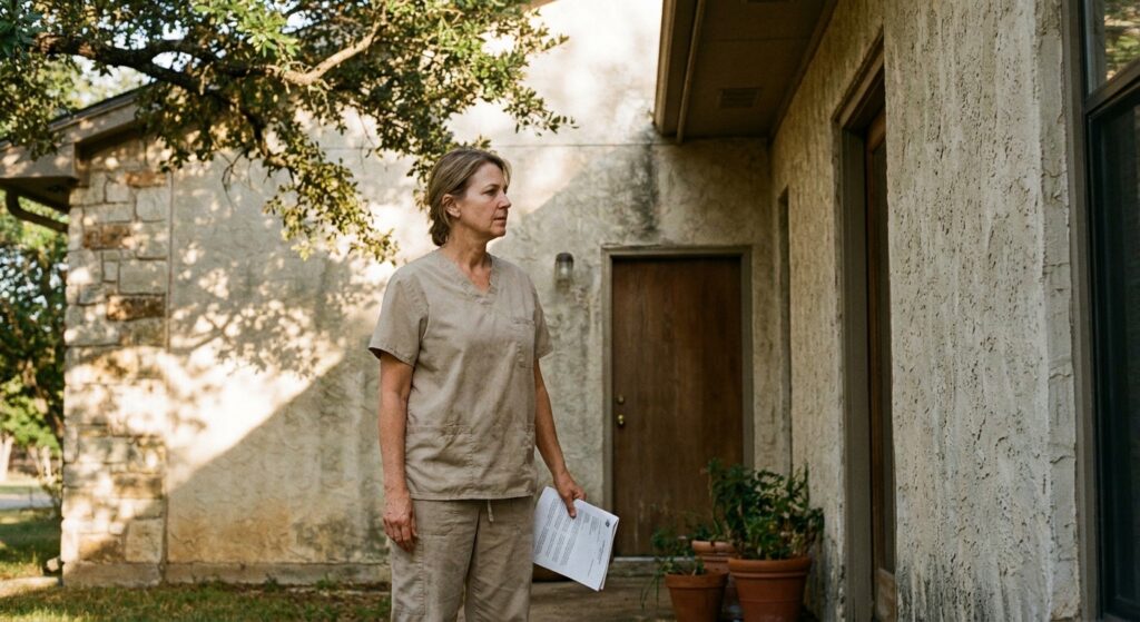 A woman veterinarian in her early fifties wearing sand-colored scrubs, standing just outside the front entrance of her independent Texas-region veterinary