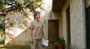 A woman veterinarian in her early fifties wearing sand-colored scrubs, standing just outside the front entrance of her independent Texas-region veterinary