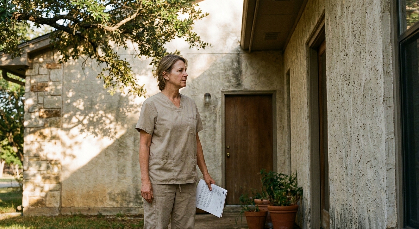 A woman veterinarian in her early fifties wearing sand-colored scrubs, standing just outside the front entrance of her independent Texas-region veterinary