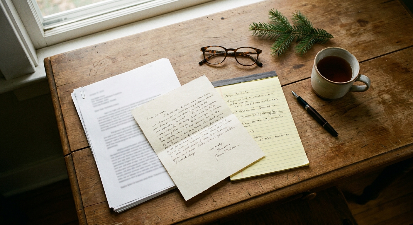 OVERHEAD top-down view of a wooden desk: a stapled offer document beside a handwritten personal letter on cream stationery (handwriting visible but words