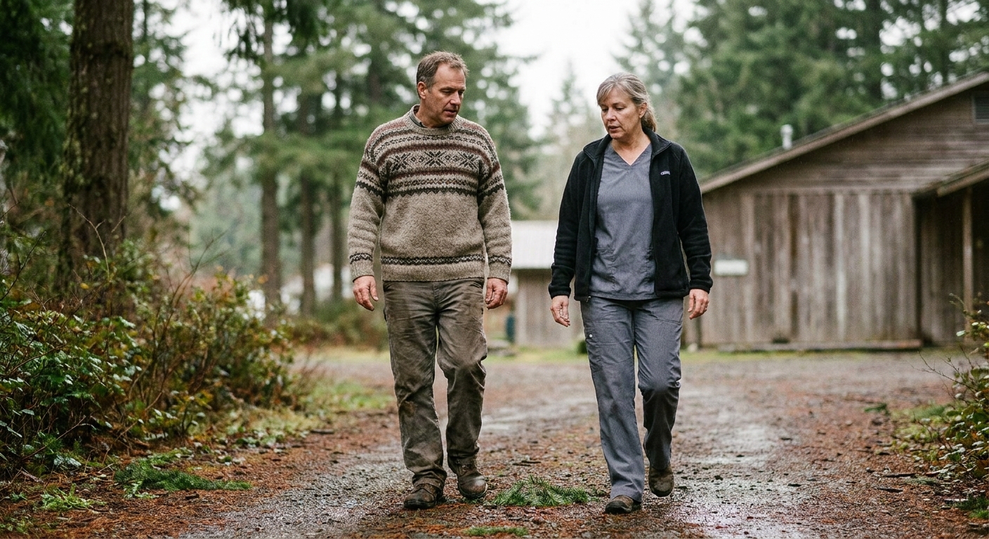 A woman veterinarian in heather-gray scrubs (early fifties) and a calm advisor (a man in his fifties in a wool sweater) walking slowly along a damp path