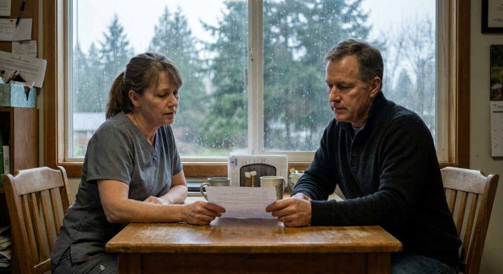A woman veterinarian in her early fifties wearing heather-gray scrubs, seated at a small wooden table across from a calm advisor (a man in his fifties in