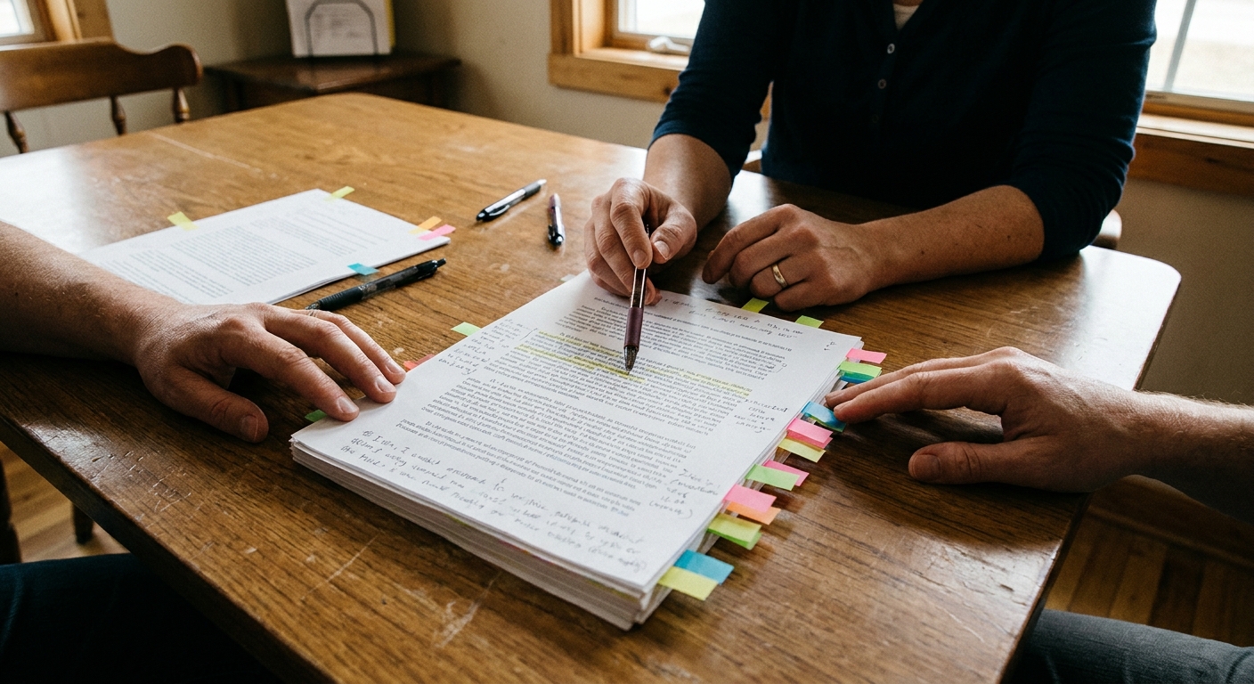 Two sets of hands reviewing a marked-up purchase agreement across a conference table, sticky tabs along the page edges