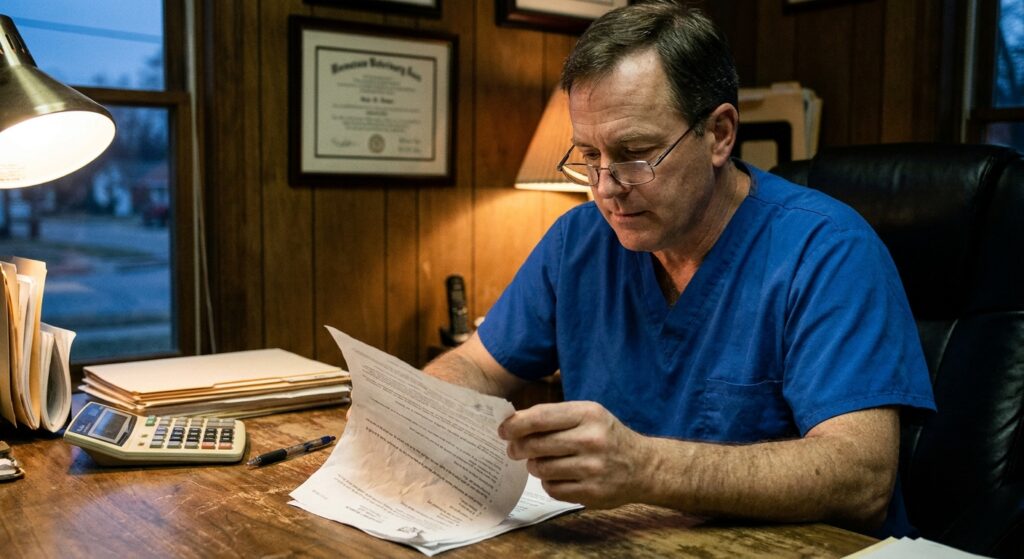 Veterinarian reading a multi-page letter of intent at his practice office desk in the evening