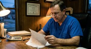 Veterinarian reading a multi-page letter of intent at his practice office desk in the evening