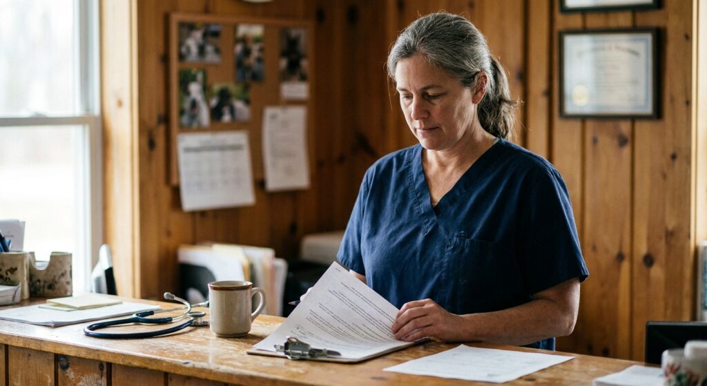 Independent veterinarian in navy scrubs at the wooden reception counter of her practice, calmly reading a stapled multi-page Mars-affiliated acquisition offer document