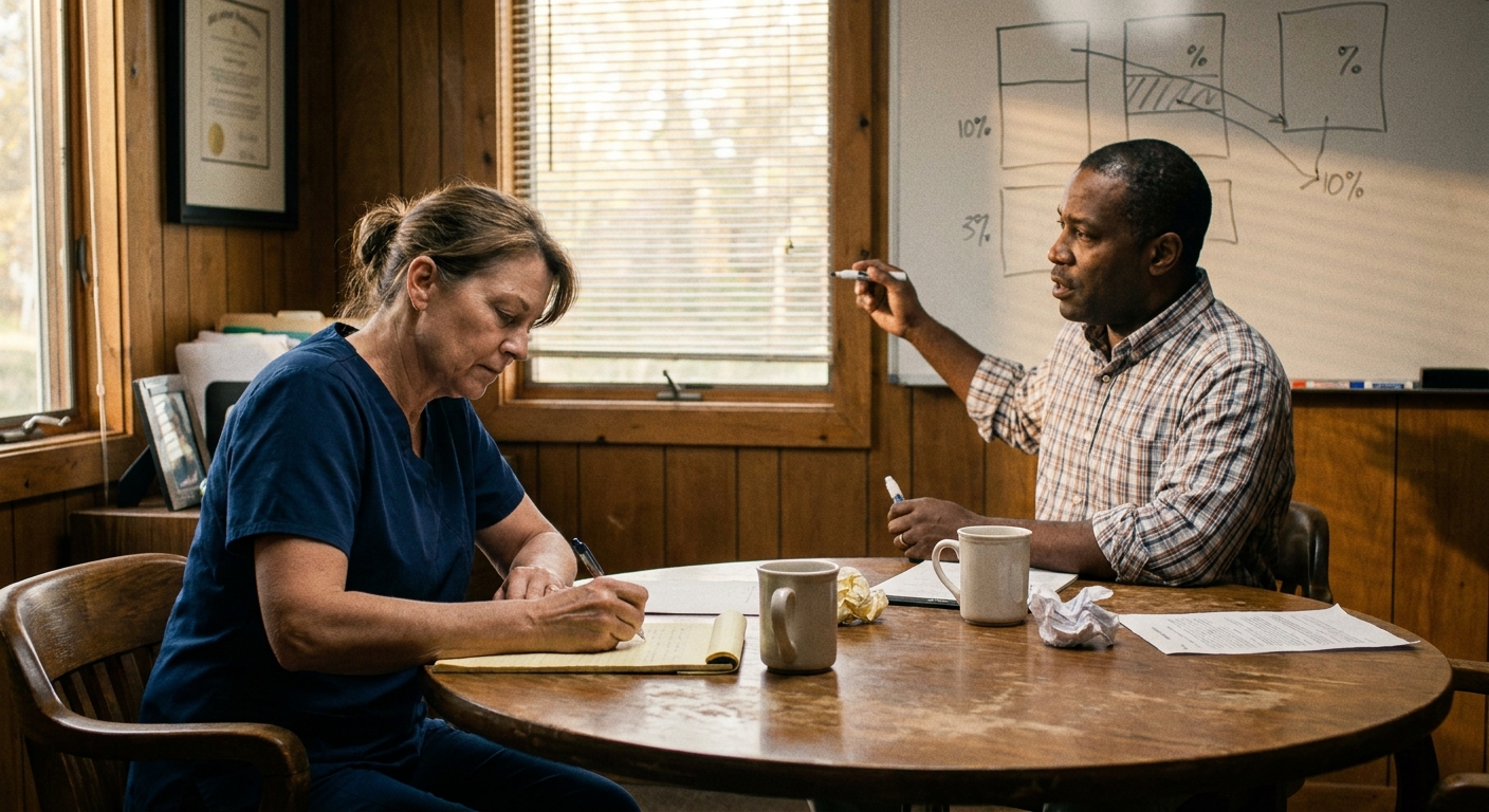 Woman veterinarian and her CFO seated at a round wooden table in her practice conference room, CFO sketching a partnership-structure diagram while the vet takes notes on a legal pad