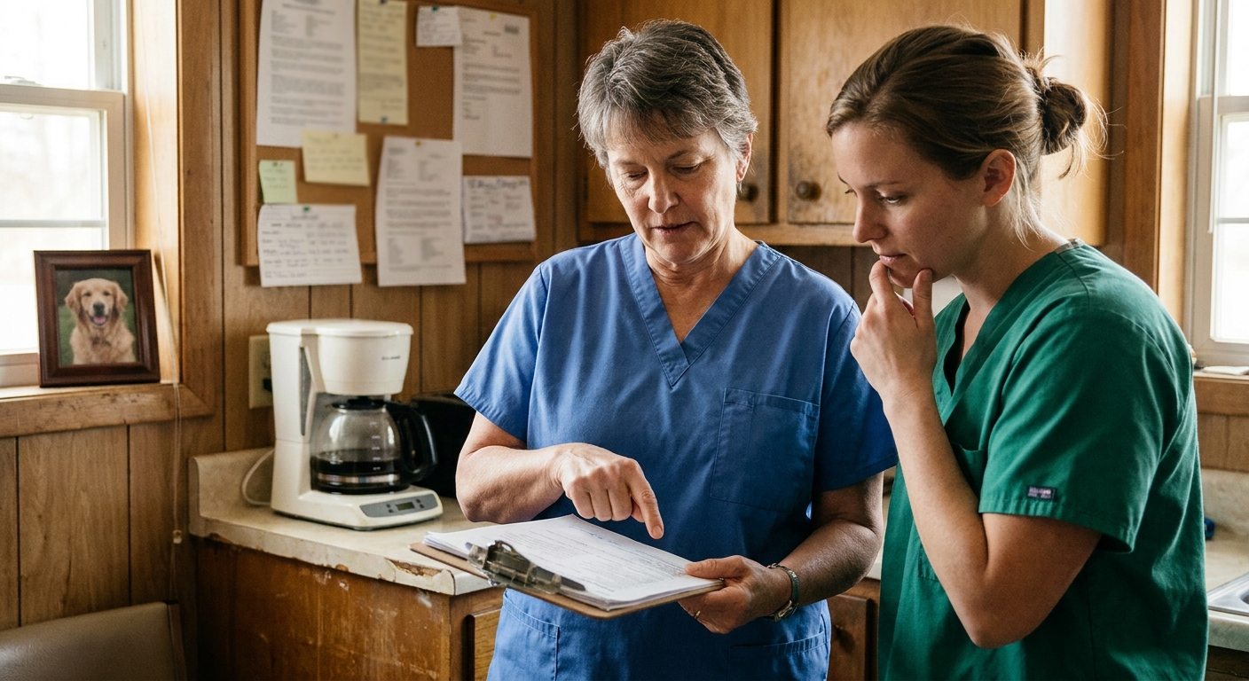 Senior woman veterinarian conferring with her younger associate veterinarian in a clinic break room, both looking down at a printed partnership transition plan, senior vet pointing at a paragraph