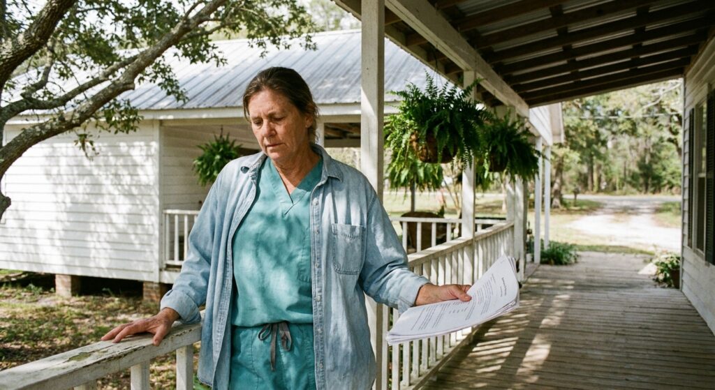 Woman veterinarian in teal scrubs on the front porch of her independent Southern-region veterinary practice in late morning, leaning her hip against the porch railing holding a stapled partnership term sheet