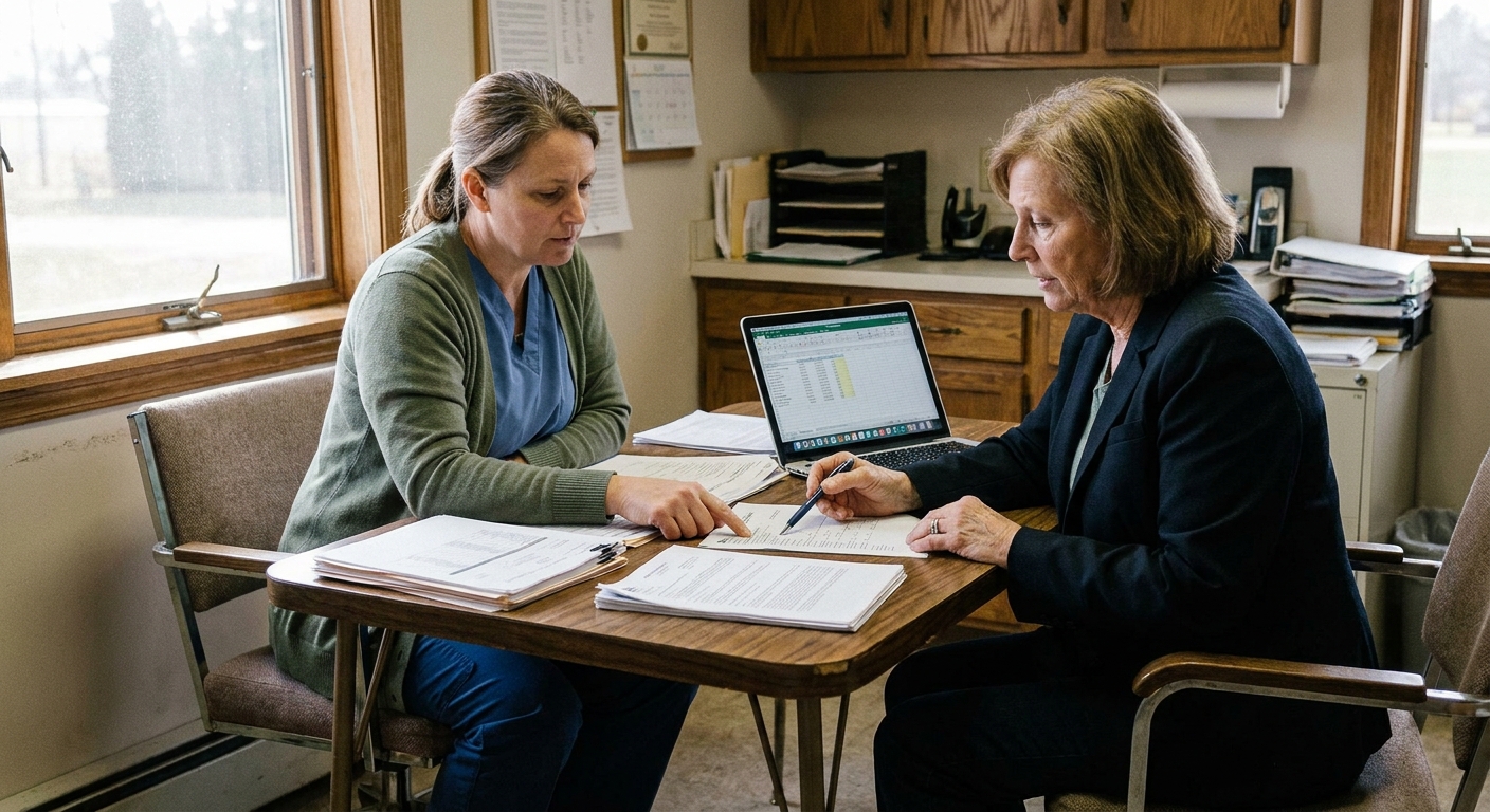 Woman veterinarian and her M&A lawyer seated at a small wooden conference table in her practice back office reviewing multiple stacks of deal documents, lawyer pointing at a clause and the vet following with her finger