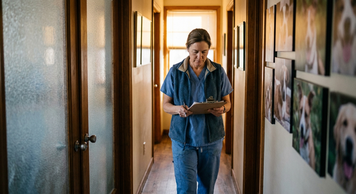 A woman veterinarian in scrubs walking slowly down the corridor of her independent veterinary practice during a quiet moment between appointments, looking down at a clinical record in her hand