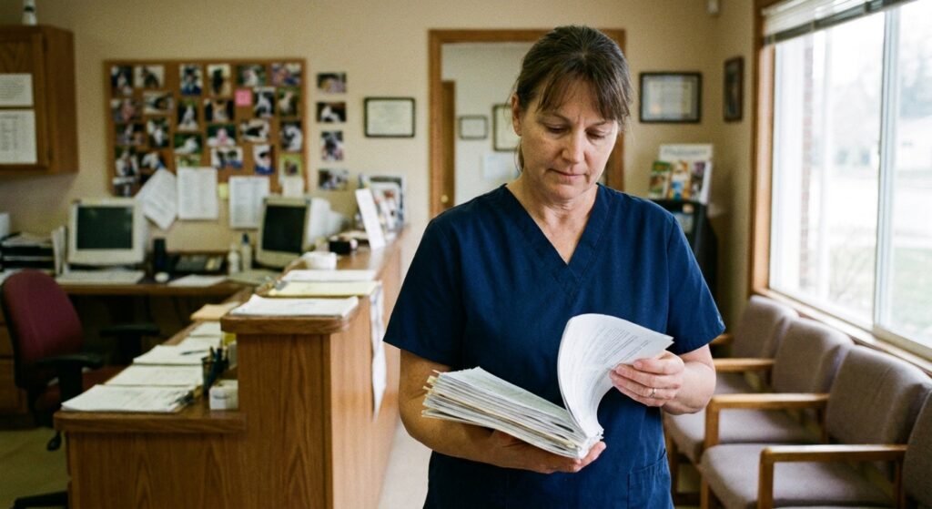 Woman veterinarian in navy scrubs at the side of her practice busy reception area during a midday lull, holding a thick stapled multi-page offer document and reading the second page