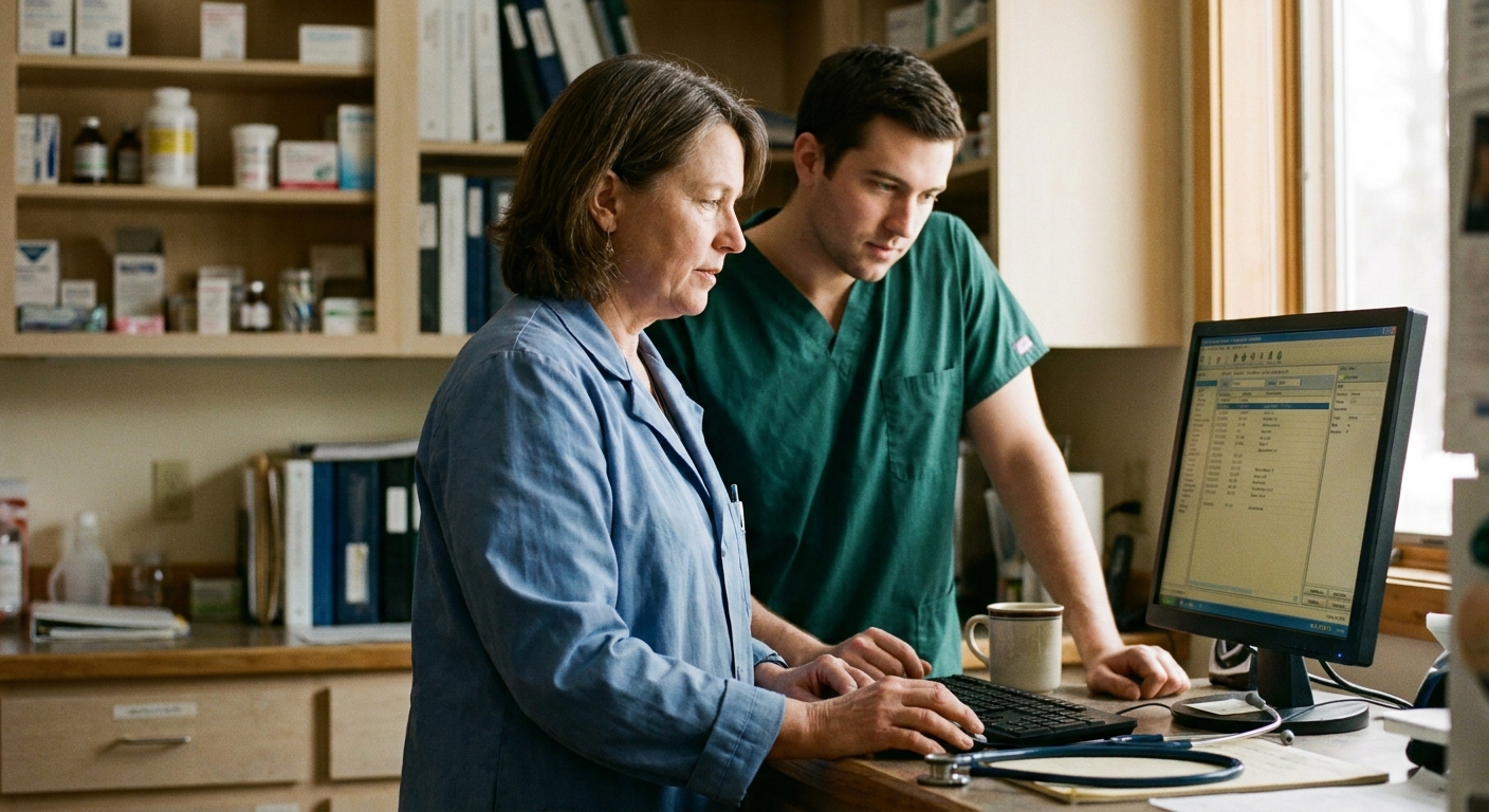Veterinarian and a younger associate reviewing a patient chart together at a practice workstation, both looking down at the screen, candid documentary lighting