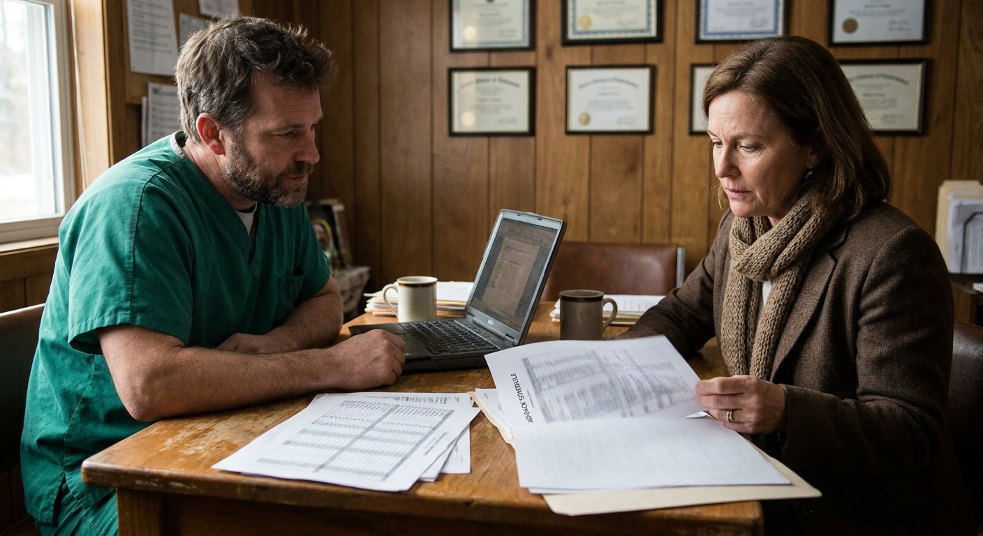 Practice owner and an advisor reviewing financial statements and add-back schedules at a worktable, papers and a laptop between them, candid documentary natural light