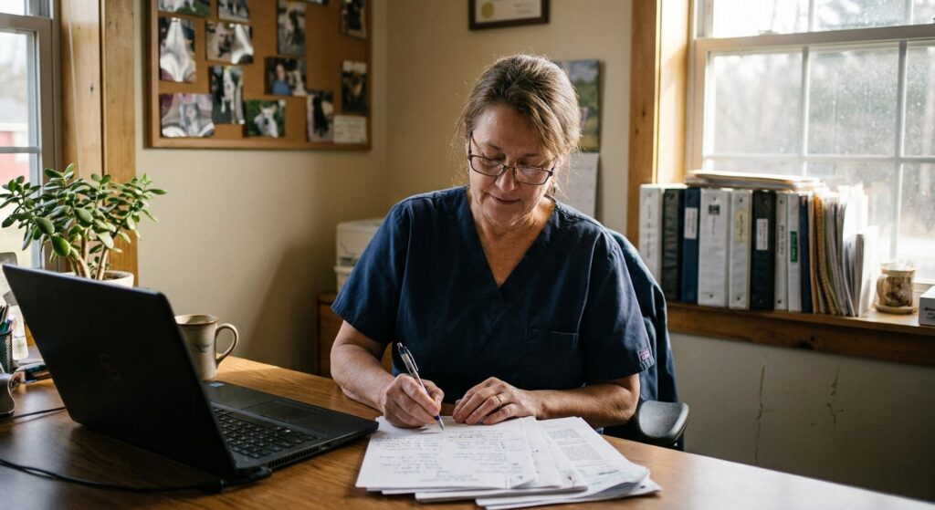 Veterinarian in her late fifties reviewing her practice's performance numbers as she plans the 12-to-24-month runway before selling