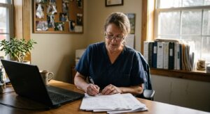 Veterinarian in her late fifties reviewing her practice's performance numbers as she plans the 12-to-24-month runway before selling