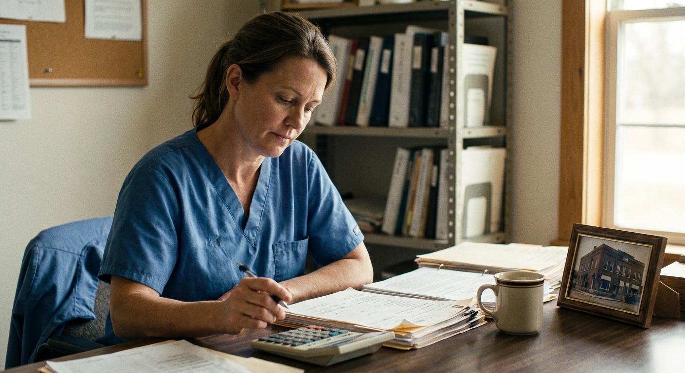 Veterinarian in her forties reviewing a commercial lease document for her practice real estate
