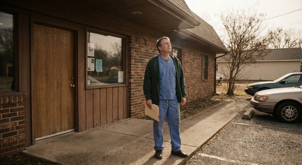 Veterinarian standing outside his independent practice building considering whether to sell the real estate together with the practice