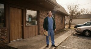 Veterinarian standing outside his independent practice building considering whether to sell the real estate together with the practice