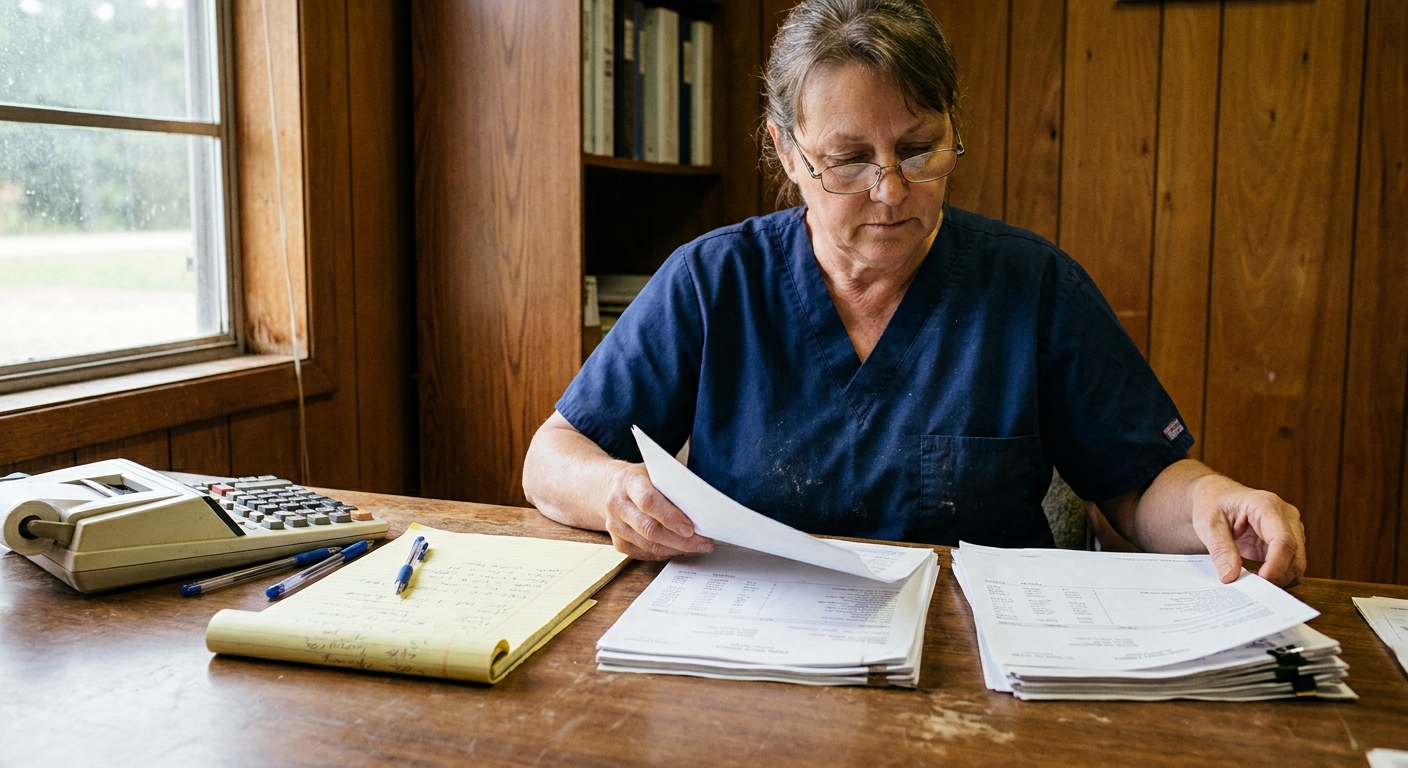 Senior woman veterinarian with reading glasses at her practice office desk, reviewing multiple years of P&L statements stacked across the desk, a desktop calculator at her side and a yellow legal pad of normalized-EBITDA notes — the analytical work of figuring out what her practice is actually worth