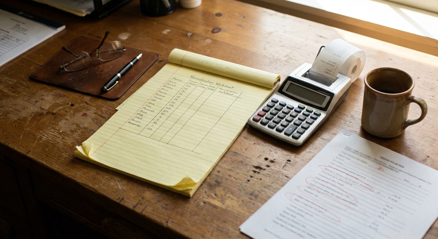 Overhead view of a wooden desk showing a yellow legal pad with a handwritten normalization worksheet, a desktop calculator with paper-tape printout, reading glasses on a leather portfolio, a coffee mug, and a P&L document with red-ink margin notes circling specific line items — the workspace of someone working through their practice's normalized EBITDA carefully