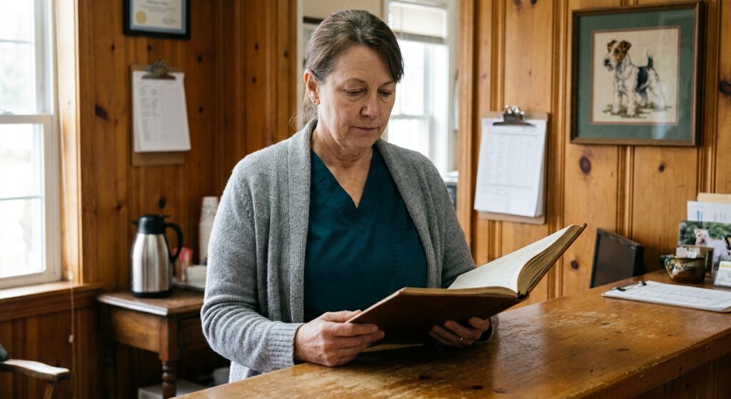 Senior woman veterinarian in scrubs and a soft cardigan at the wooden reception counter of her independent veterinary practice, holding an open leather-bound practice ledger book and contemplating what her practice is actually worth