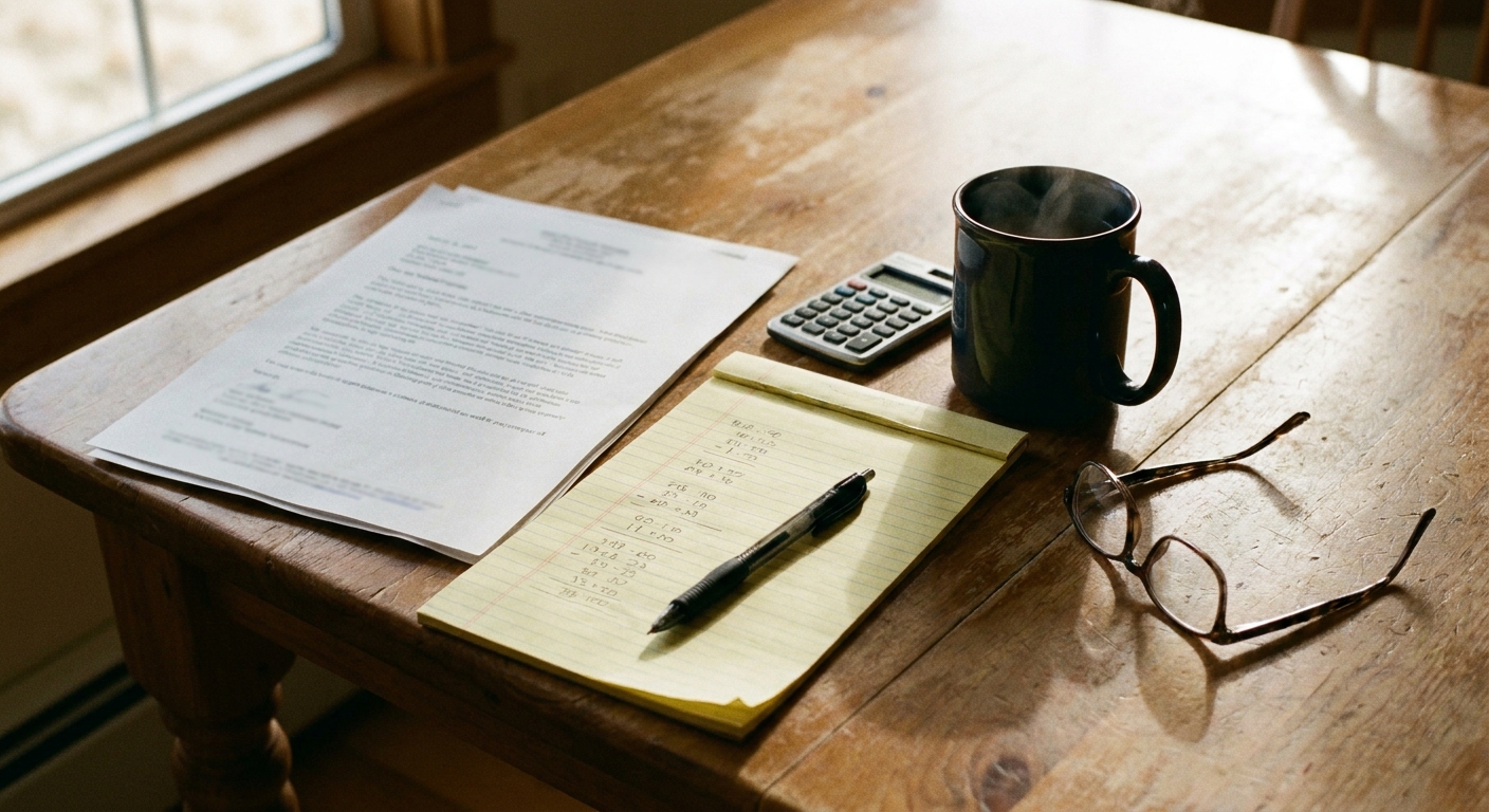 Overhead view of a wooden kitchen table with a multi-page acquisition offer letter, a yellow legal pad of handwritten math, a calculator, a ceramic mug of tea, and reading glasses