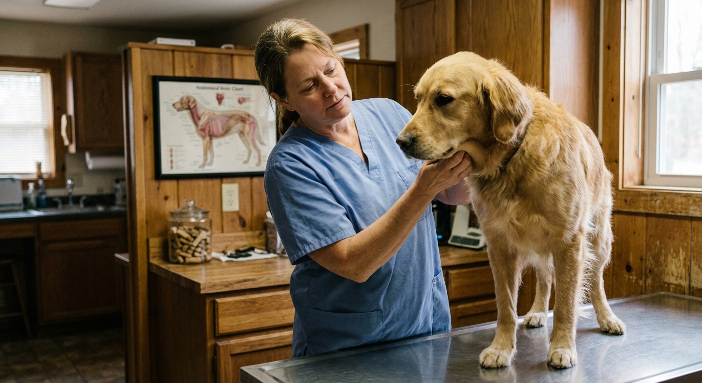 Veterinarian in scrubs gently examining a calm golden retriever on a stainless-steel exam table at her independent practice, continuing clinical work post-sale to a consolidator buyer