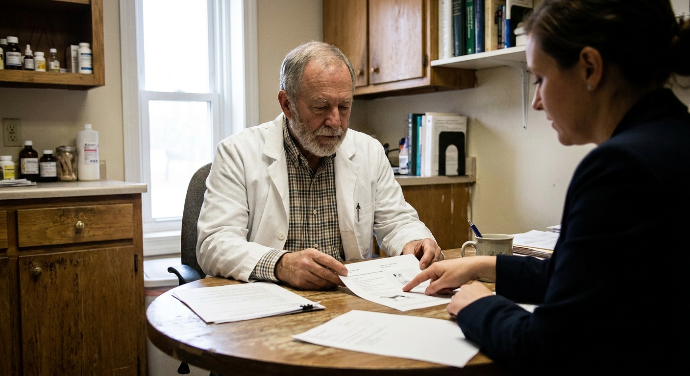 Veterinarian in a white lab coat in a small consultation room, working with a sell-side advisor and reviewing a printed offer analysis page side by side