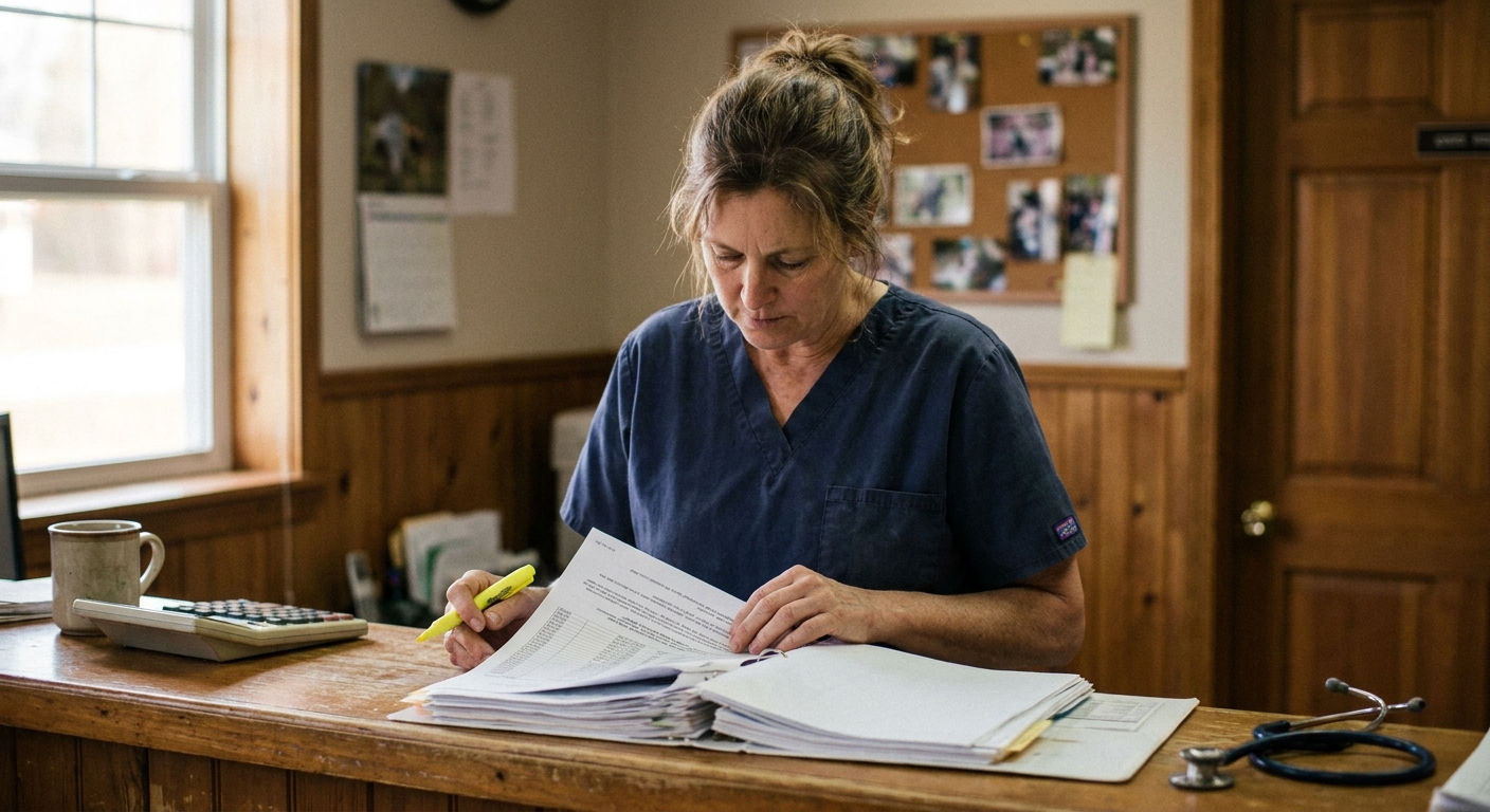 Independent veterinarian at the front counter of her practice in the early morning, reviewing multi-year financial reports and a printed P&L with a highlighter as part of the 12-to-24-month pre-sale preparation work